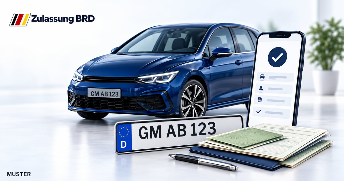 Online Fahrzeugzulassung in Nümbrecht: Musterkennzeichen GM AB 123, Auto und Fahrzeugpapiere und Smartphone. Illustration mit Logo von Zulassung BRD.